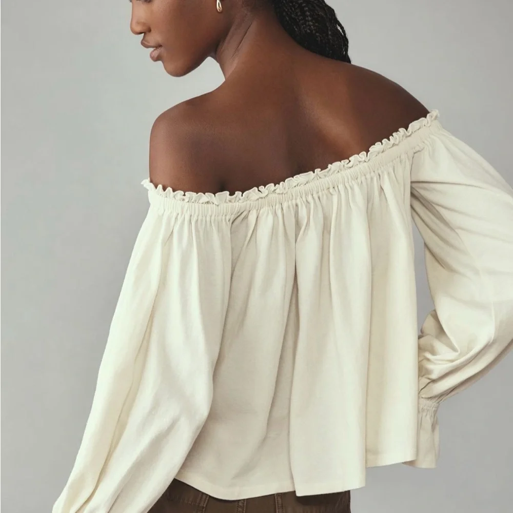 NWT Anthropologie Cream Off-Shoulder Swing Blouse - Picture 2 of 11